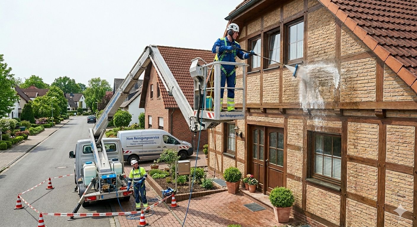 Fassadenreinigung Saarland – Mitarbeiter bei der professionellen Fassadenreinigung durch Hom Reinigung Service